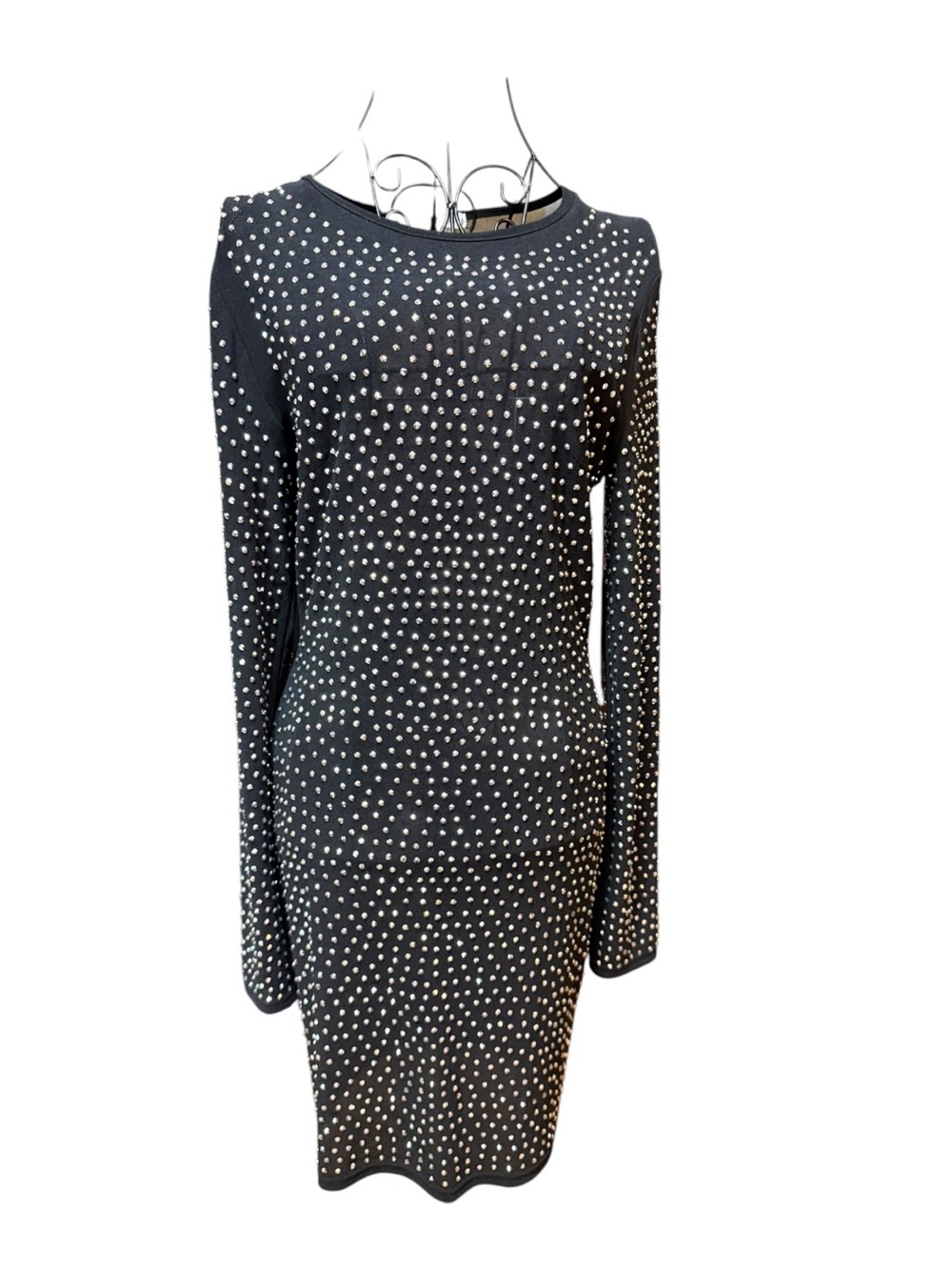 Black Rhinestone Studded Long Sleeve Bodycon Dress Large
